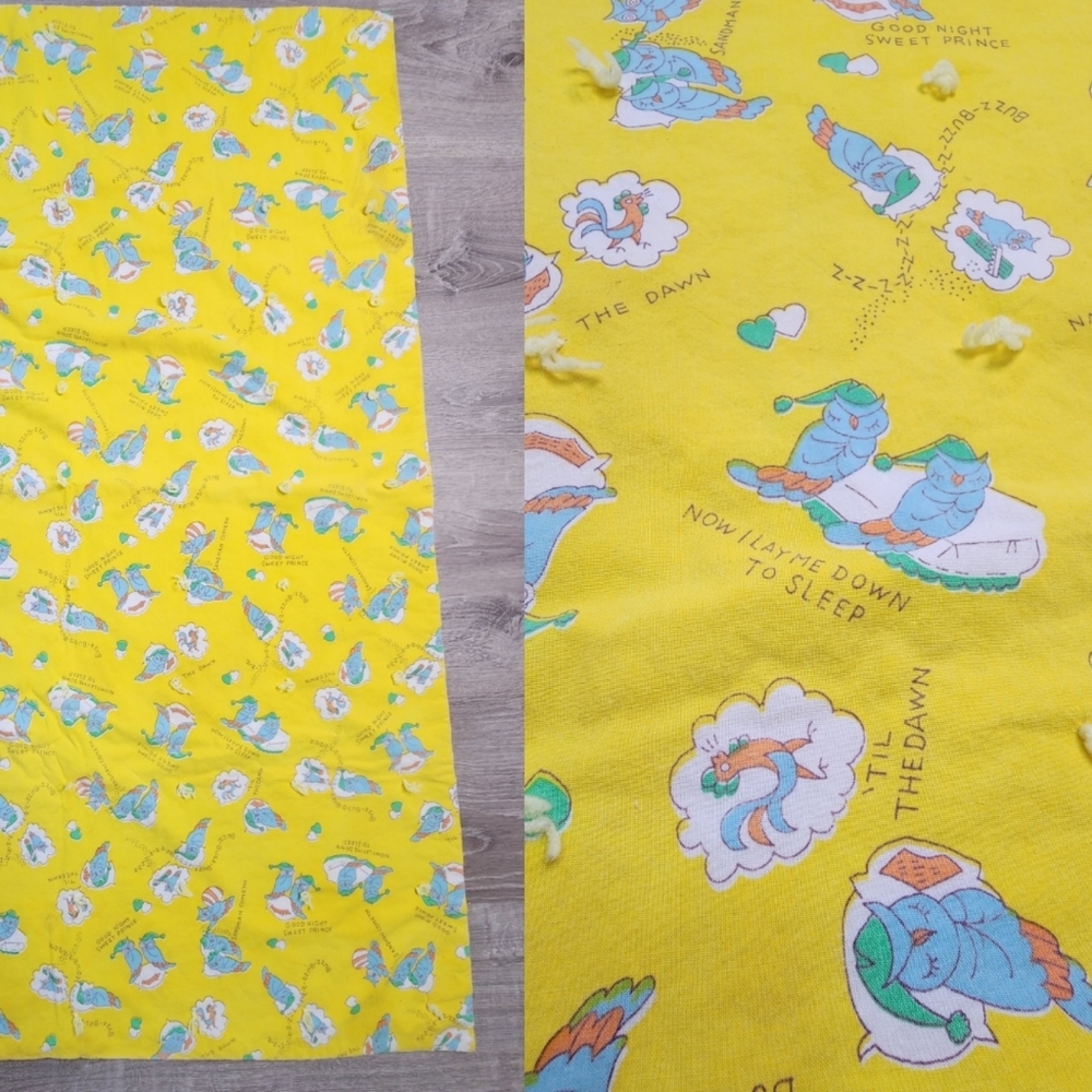 VINTAGE Handmade Owl Nursery Quilt "Now I Lay Me Down To Sleep" Blanket Yellow